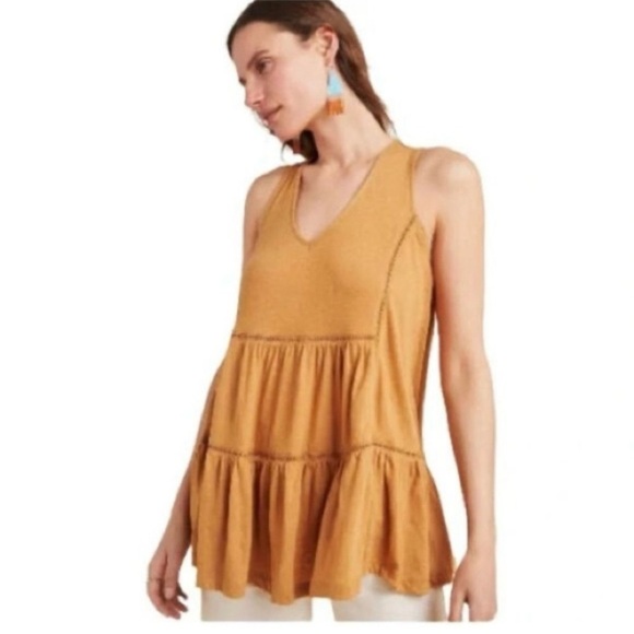 Anthropologie Malaga Tunic Top Tank Ochre Eyelet Blouse Gold Small S - Picture 2 of 12